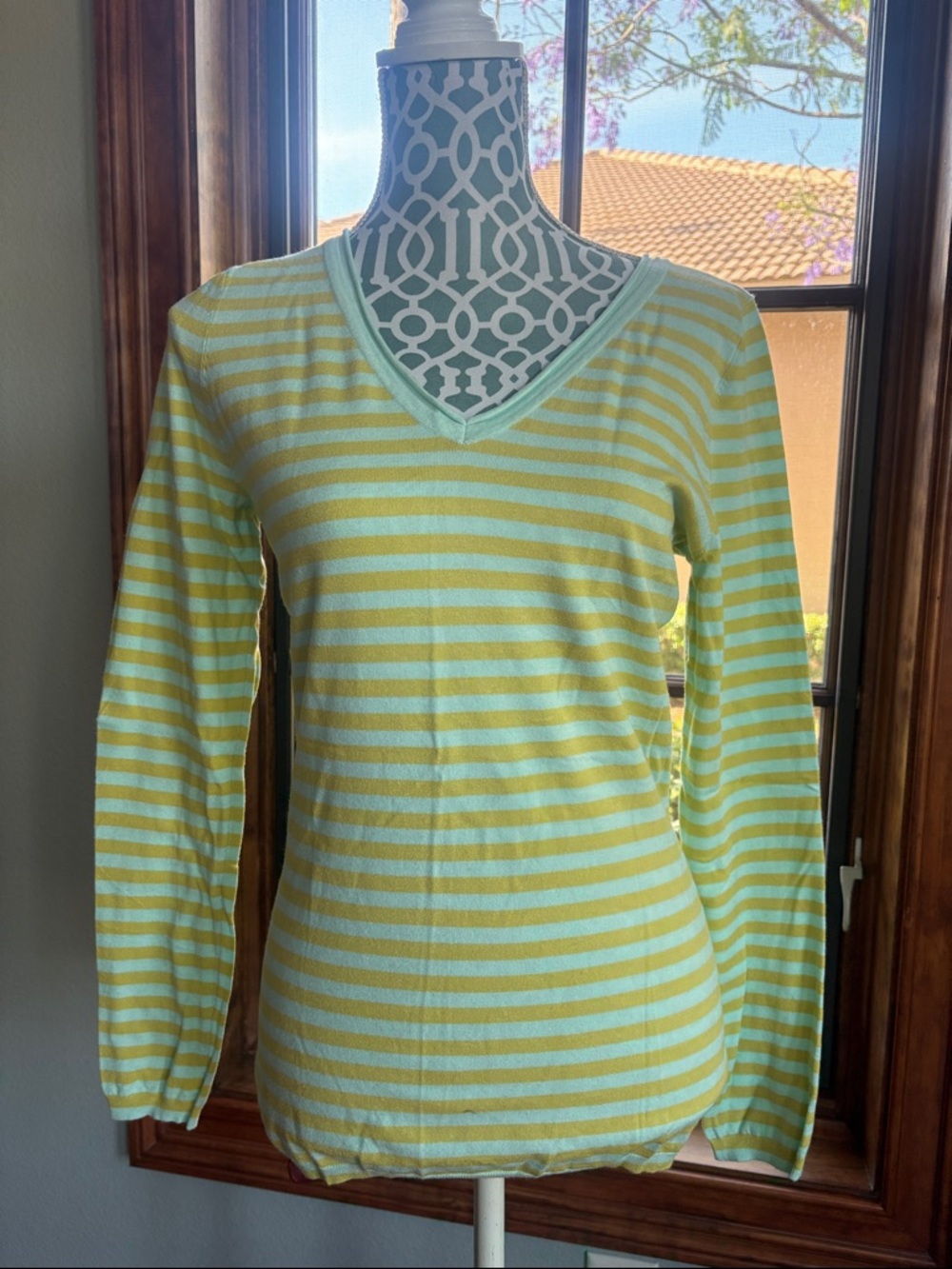 Tommy Bahama Aqua and Yellow Striped V-Neck Sweater